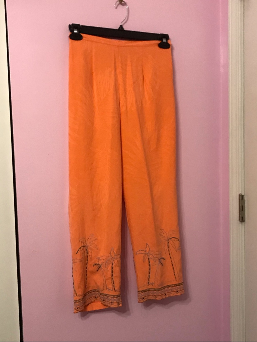 Vintage Nancy Bolen 100% silk orange palm tree embroidered beaded pants sz small
